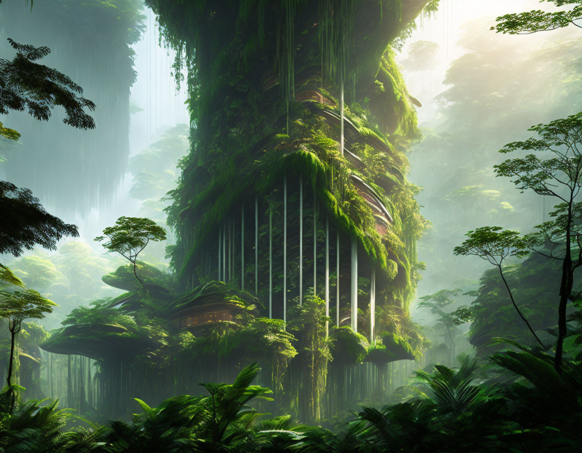 Verdant forest with towering trees and hanging vines