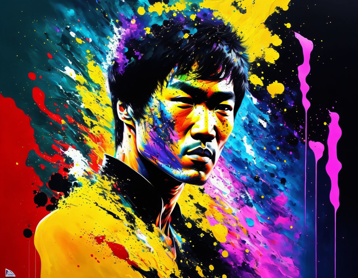 Colorful portrait of man with intense gaze in dynamic neon paint splashes