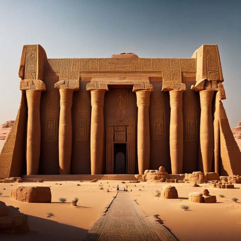 Ancient Egyptian temple facade with towering columns and intricate hieroglyphs