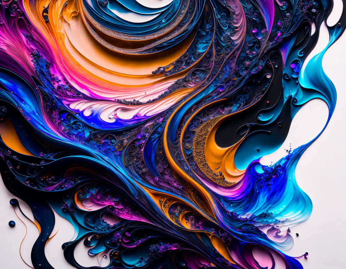 Colorful Abstract Fluid Art Composition with Swirls in Blue, Purple, Orange, and Black