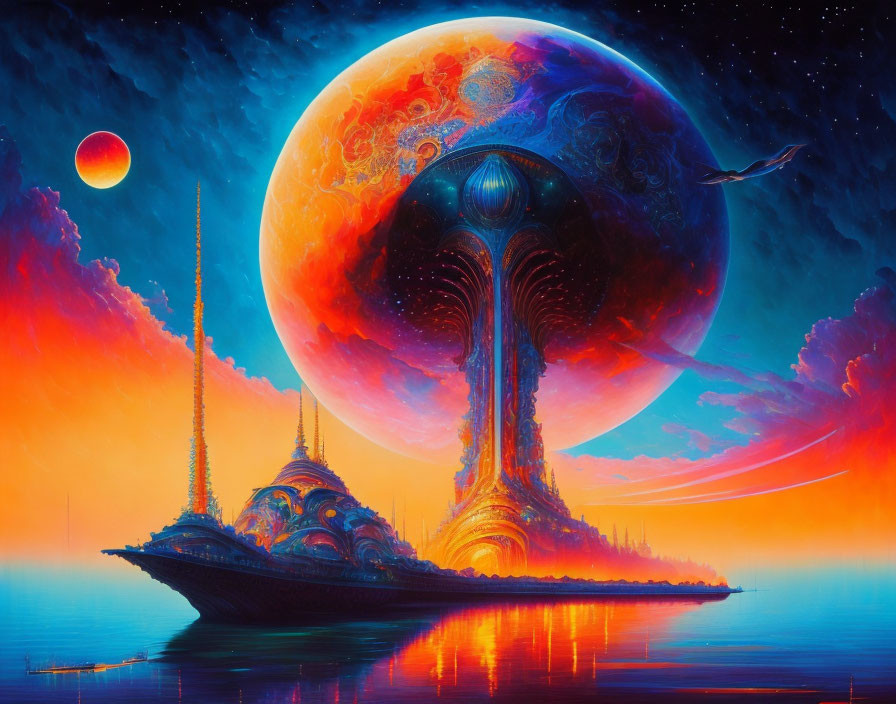 Colorful sci-fi landscape with alien structures, giant planet, and celestial body.