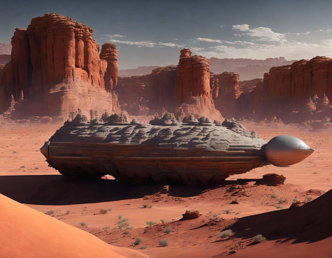 Detailed Futuristic Spaceship Lands in Desert Landscape