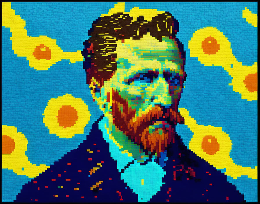 Pixelated artwork of bearded man in blue coat on yellow suns and blue dots