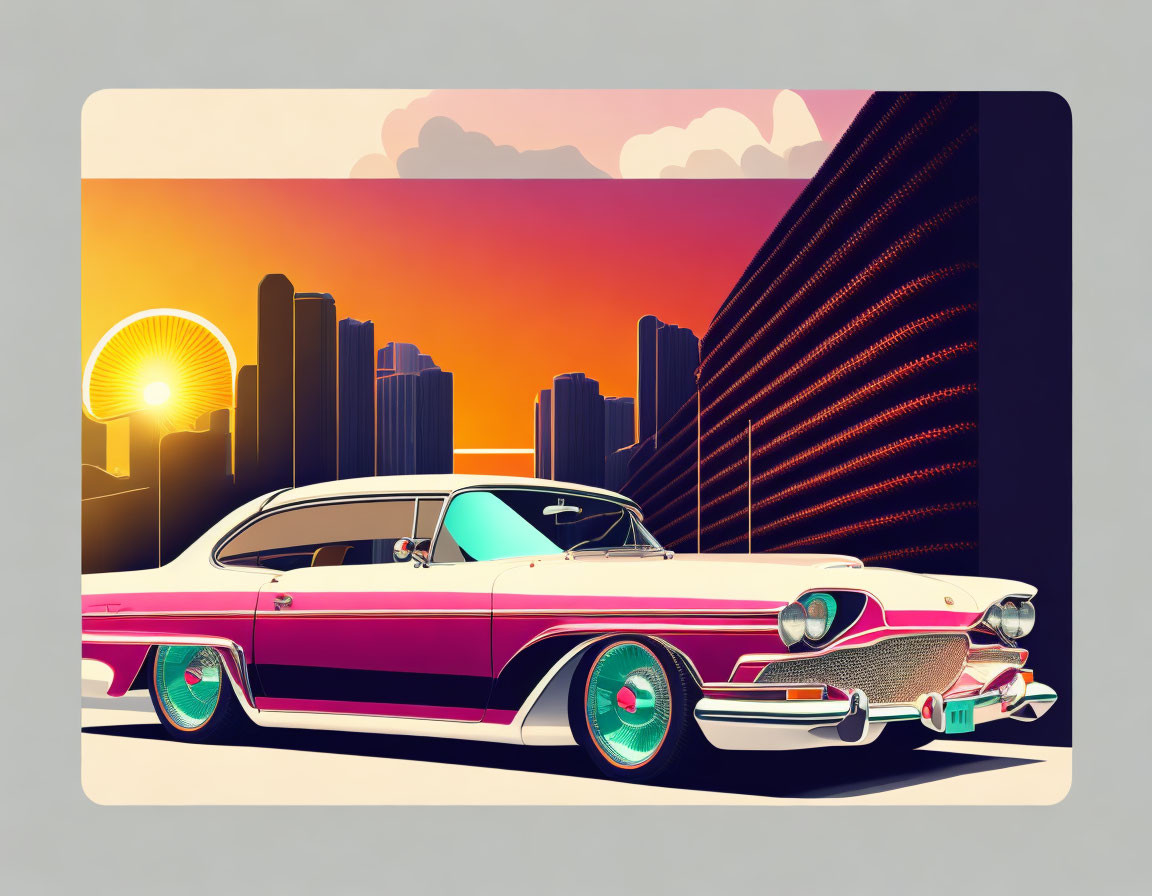 Vintage Car in Turquoise and White Against Cityscape Sunset Sky