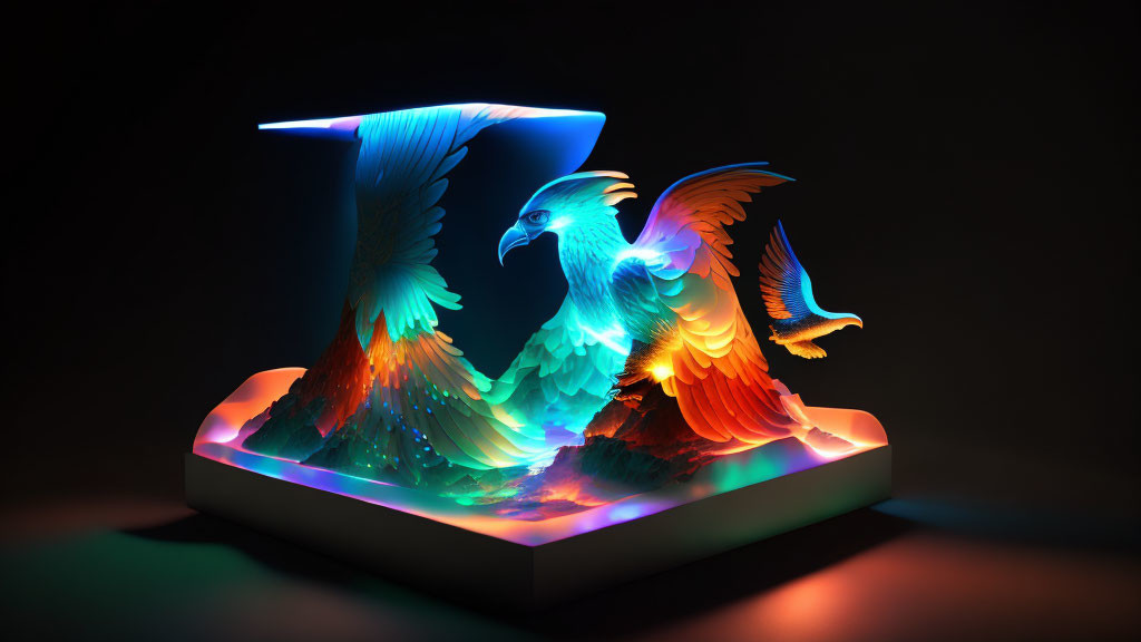 Multicolored illuminated phoenix sculpture on pedestal against dark background