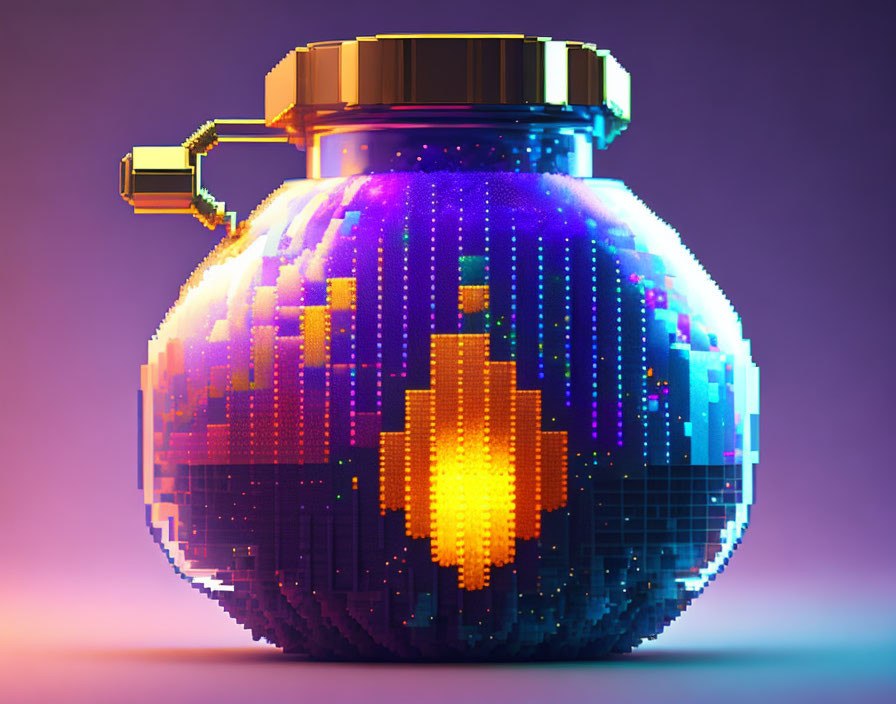 Neon pixelated grenade art on purple background