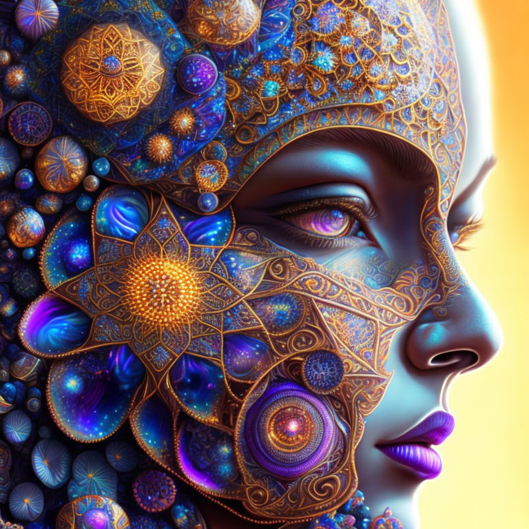 Colorful digital artwork: Woman's profile with gold and blue jewelry