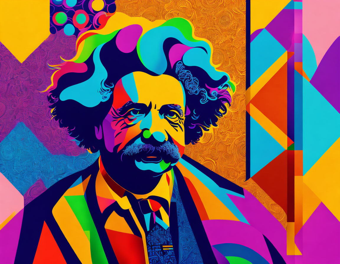 Colorful Pop Art Portrait of Man with Curly Hair and Geometric Patterns