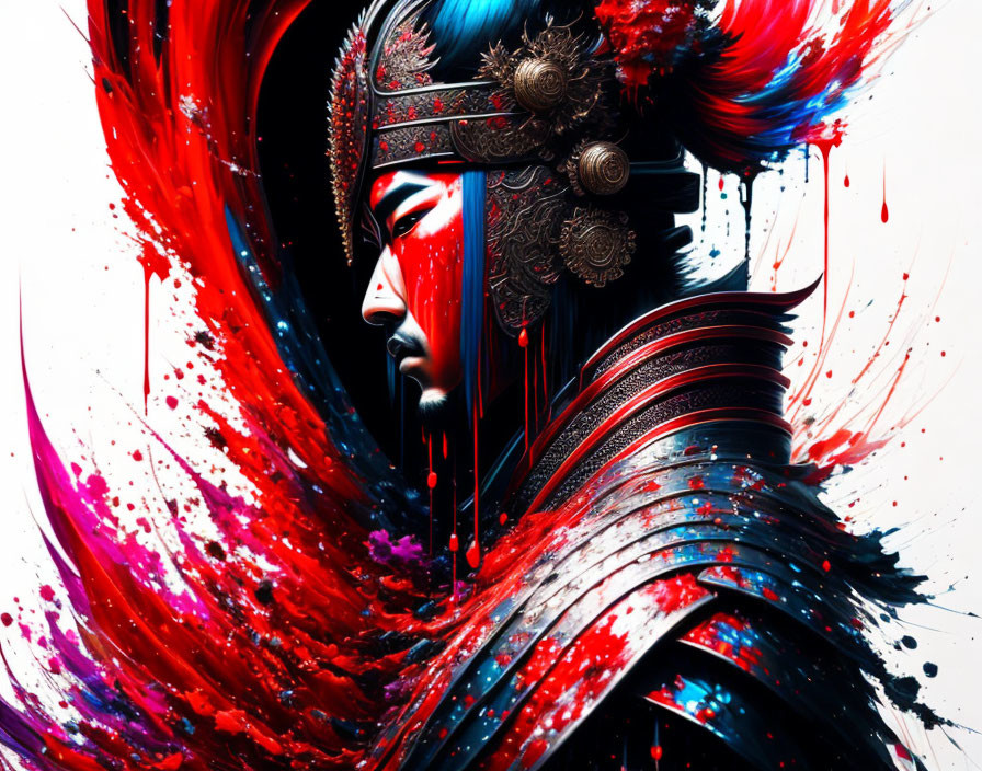 Dynamic warrior artwork in red and black colors with ancient armor and intense battle theme