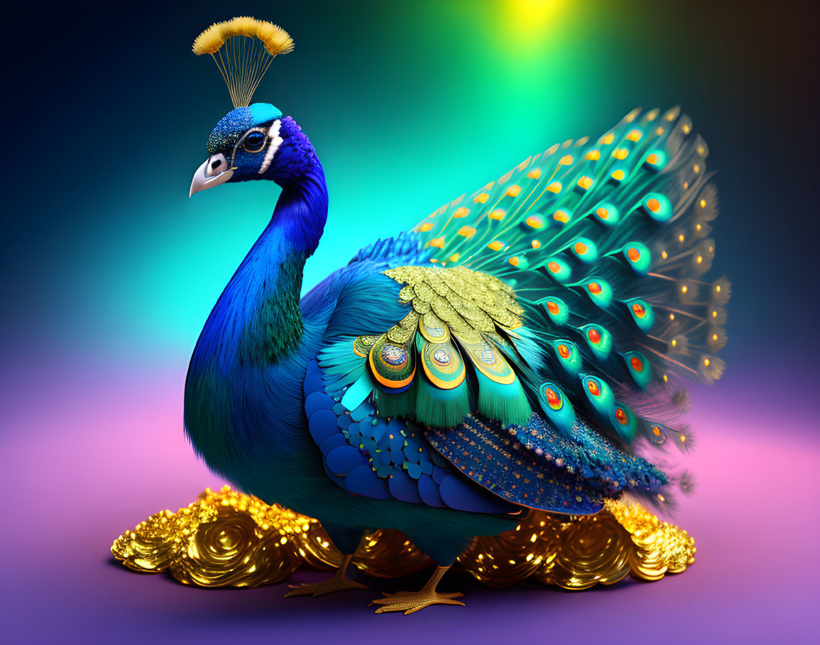 Colorful Peacock with Iridescent Plumage on Gradient Background