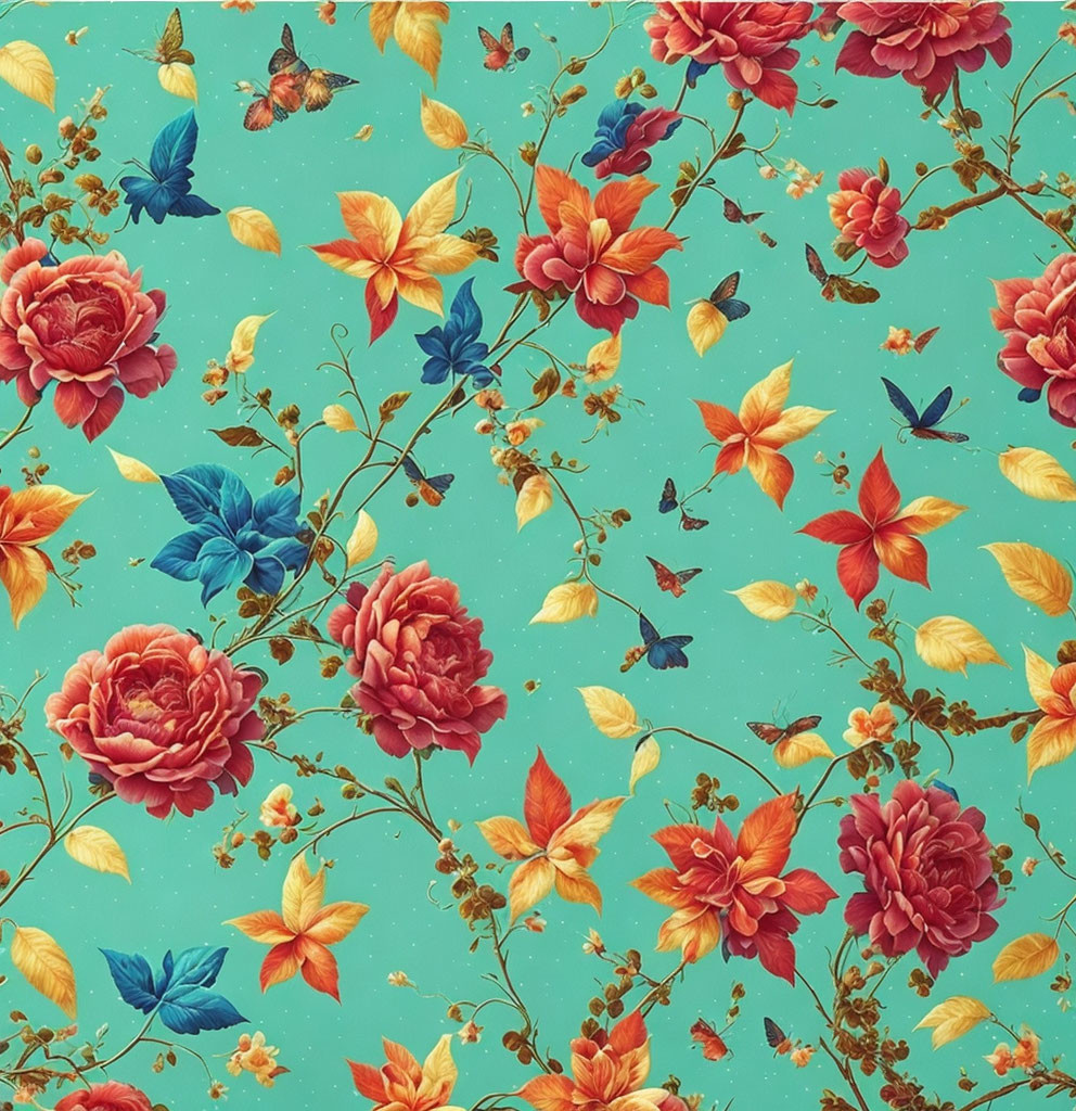 Colorful Floral Pattern with Red Roses, Blue Flowers, and Butterflies