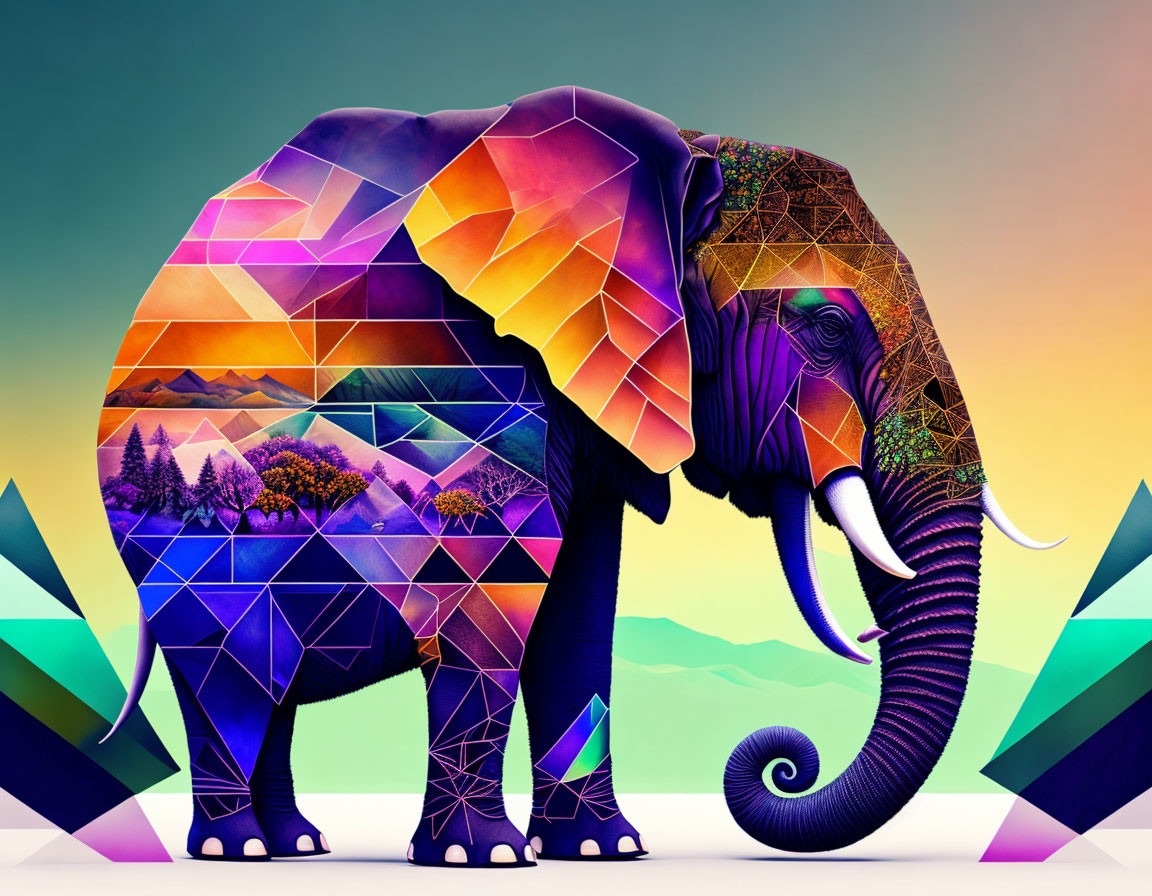 Colorful Geometric Elephant Artwork with Mountainous Landscapes