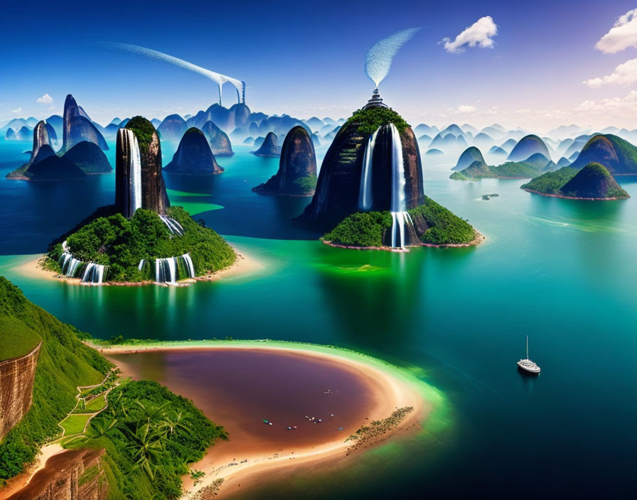 Surreal landscape with cascading waterfalls, lush green coastline, and sailboat