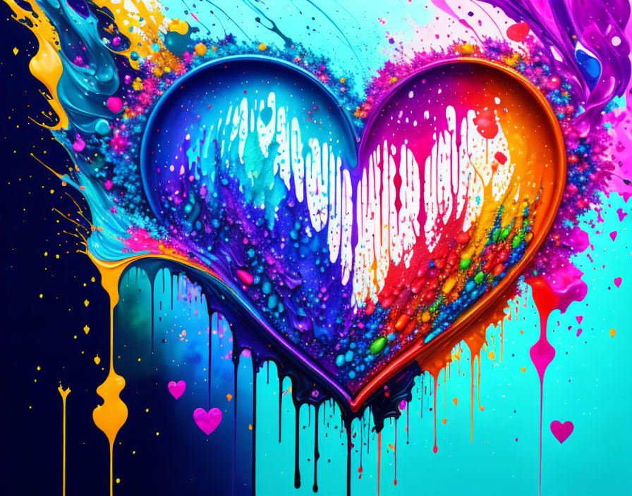 Colorful heart-shaped paint splash on blue background: dynamic and vibrant art.