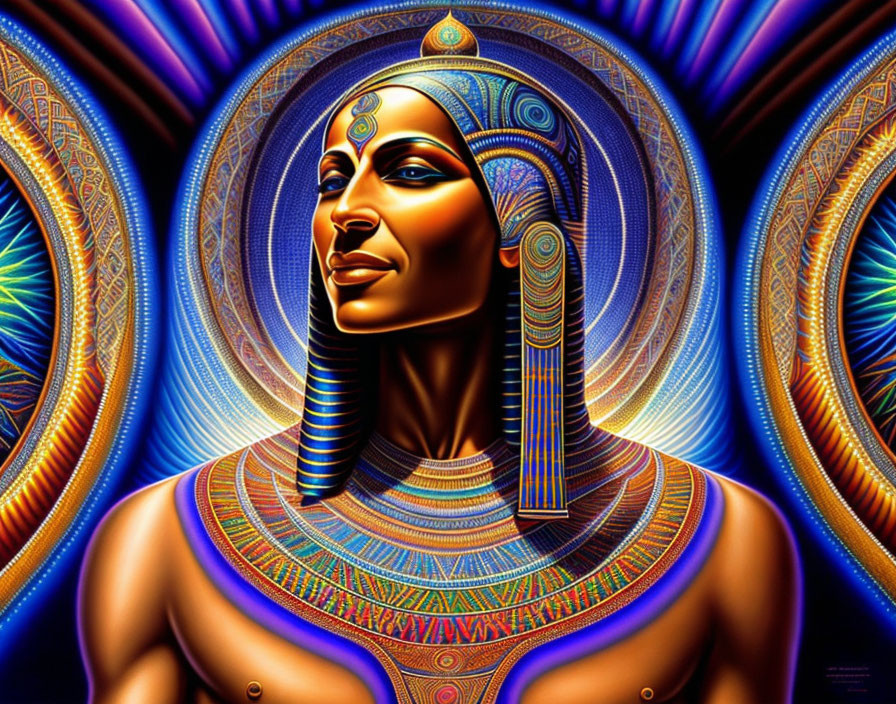 Colorful Digital Artwork: Egyptian Pharaoh with Stylized Headdress