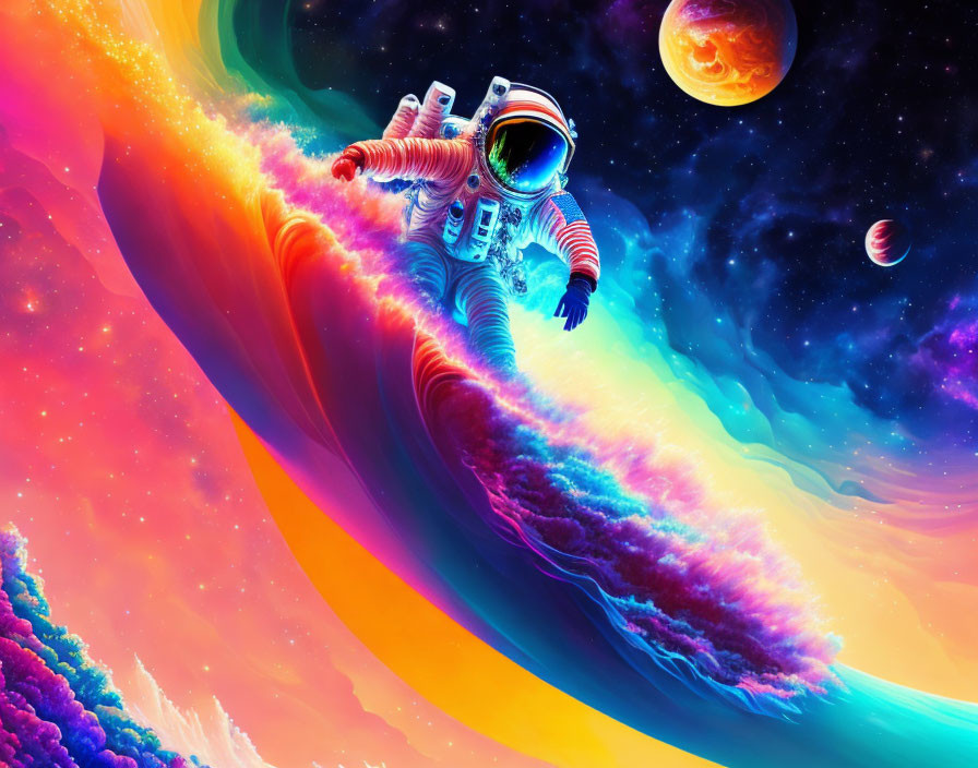 Colorful cosmic illustration: Astronaut surfing on vibrant wave with planets and stars.