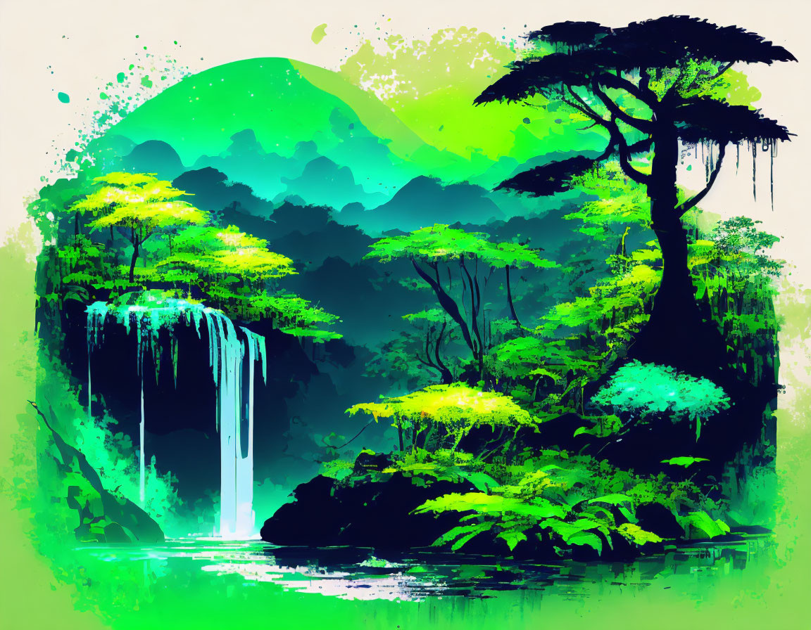 Lush Green Forest Digital Artwork with Waterfall