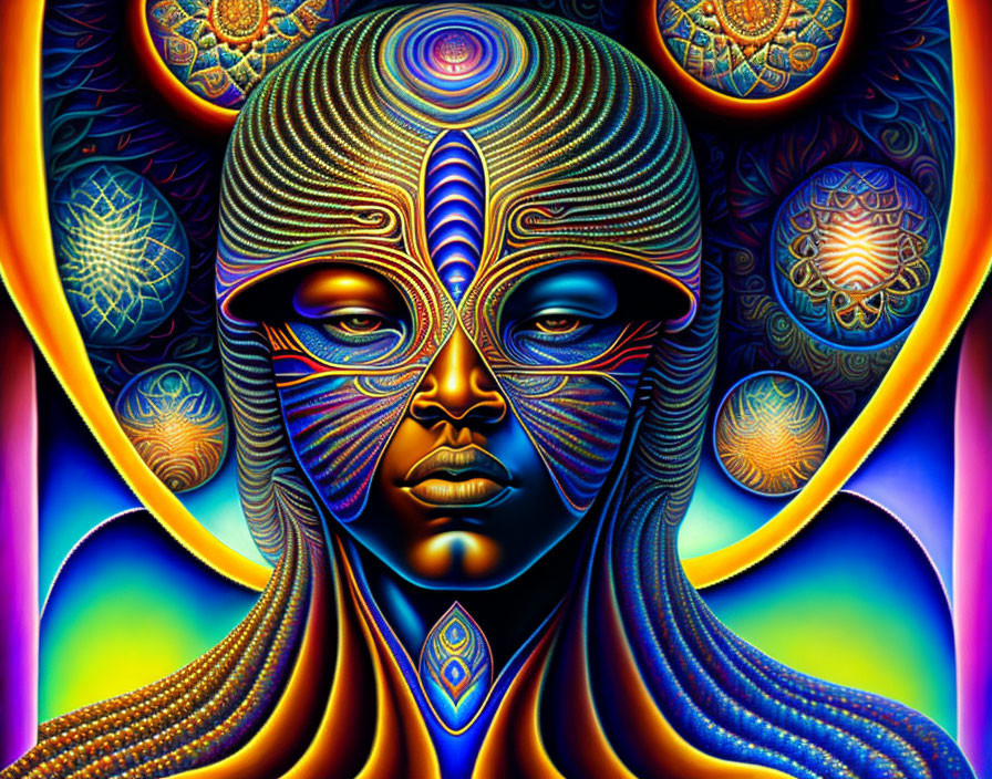 Symmetrical, neon-colored digital artwork with psychedelic patterns.