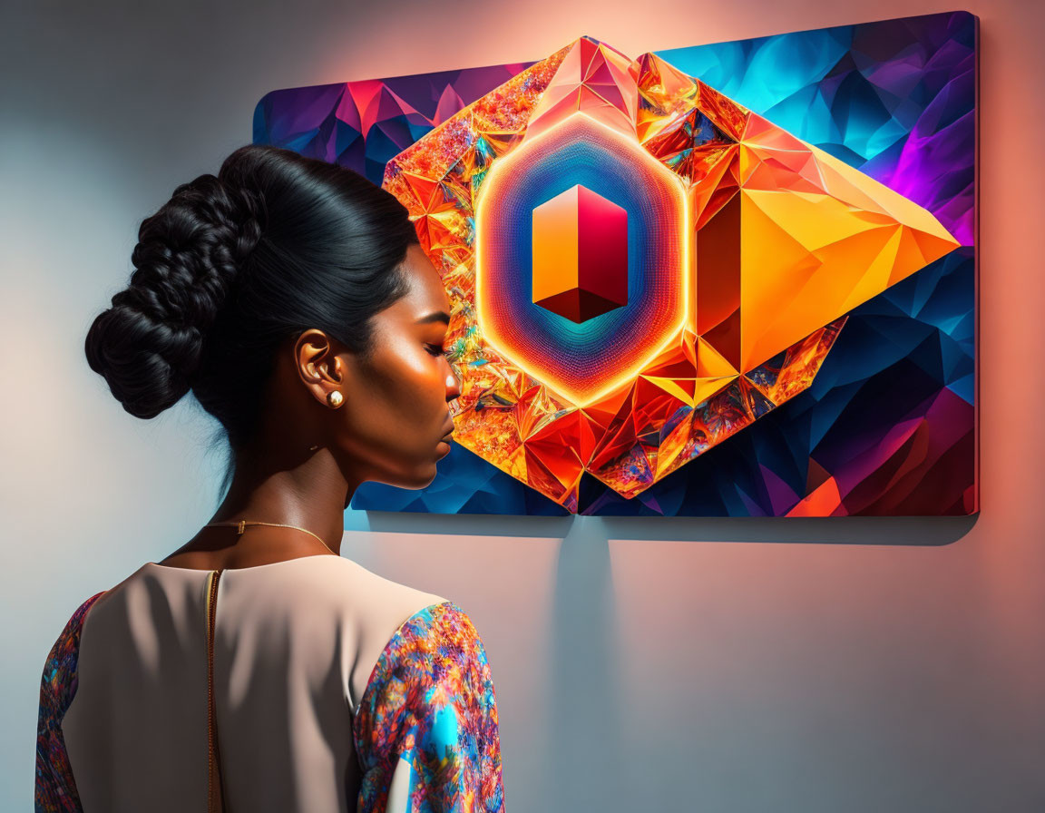 Woman admiring abstract art with luminous geometric heart centerpiece