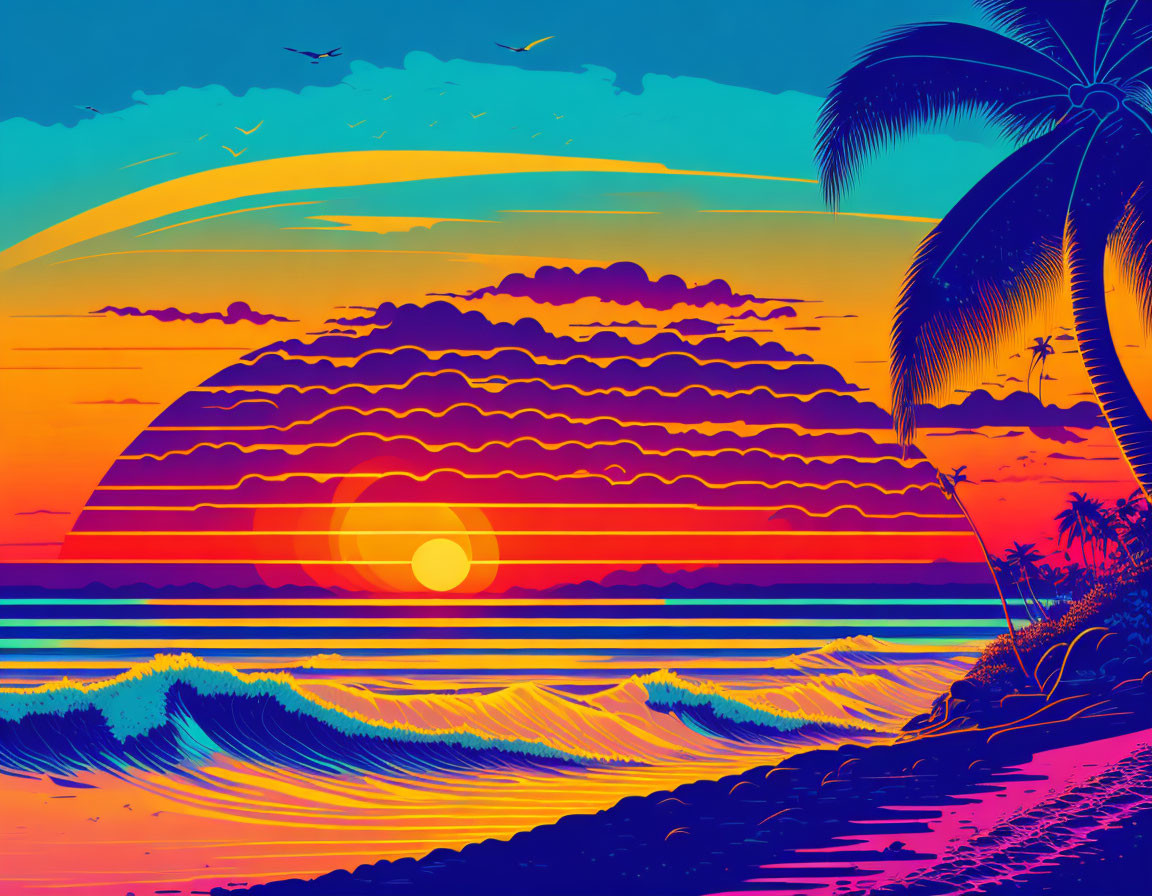 Colorful Retro-Style Beach Sunset Illustration with Palm Trees and Waves