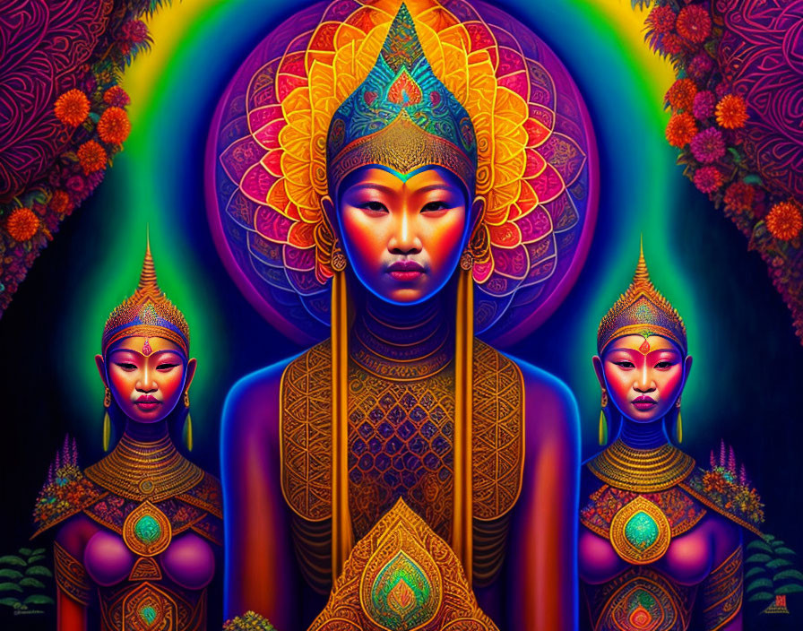 Colorful Buddha-inspired artwork with intricate patterns on a psychedelic background