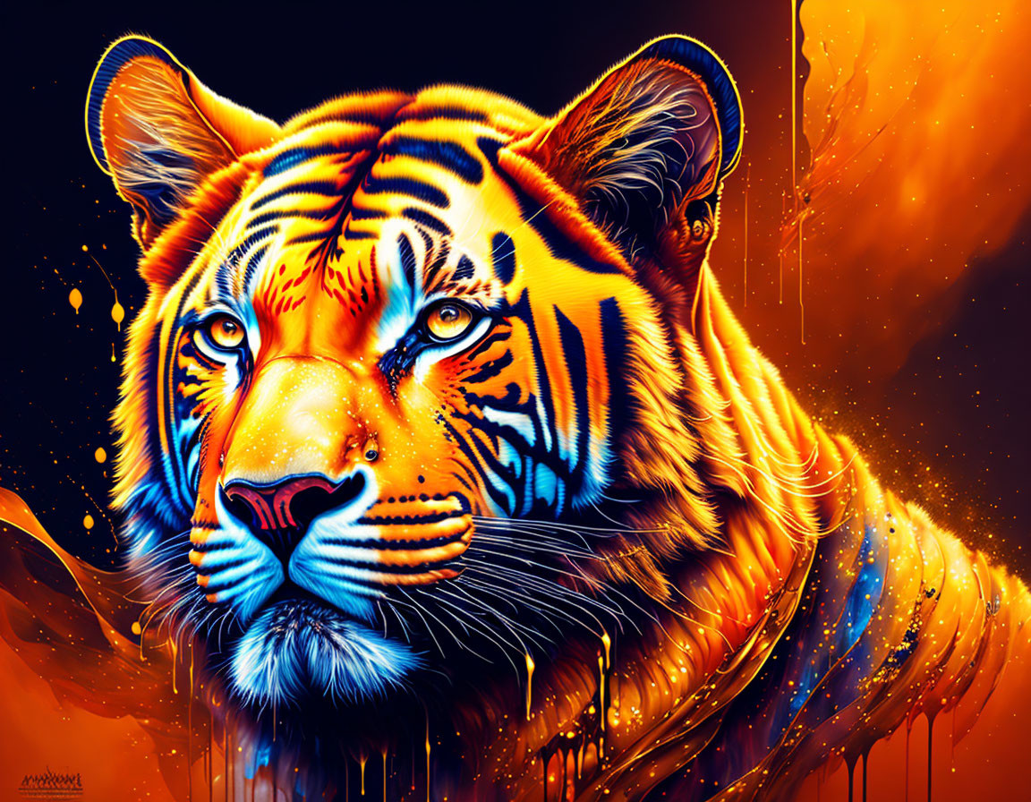 Colorful Tiger Face Artwork with Orange and Blue Hues