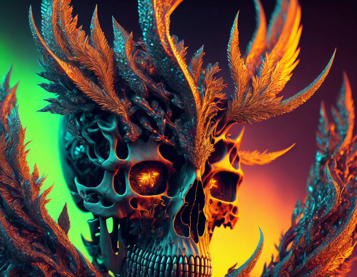 Colorful digital art: Skeleton with metallic feathers & glowing eye