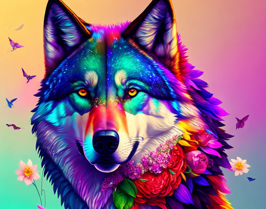 Colorful Wolf Illustration Surrounded by Flowers and Butterflies