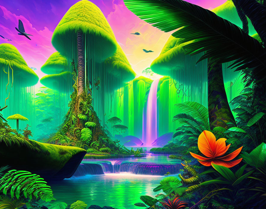 Fantasy jungle digital artwork with glowing river and surreal sky