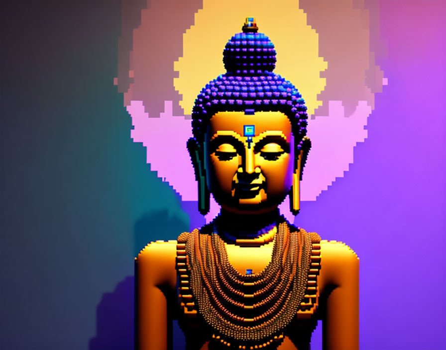 Serene Buddha figure in pixelated digital art on purple and yellow gradient.