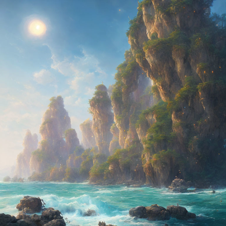 Majestic cliffs, lush greenery, turquoise waters, hazy sun, birds in misty