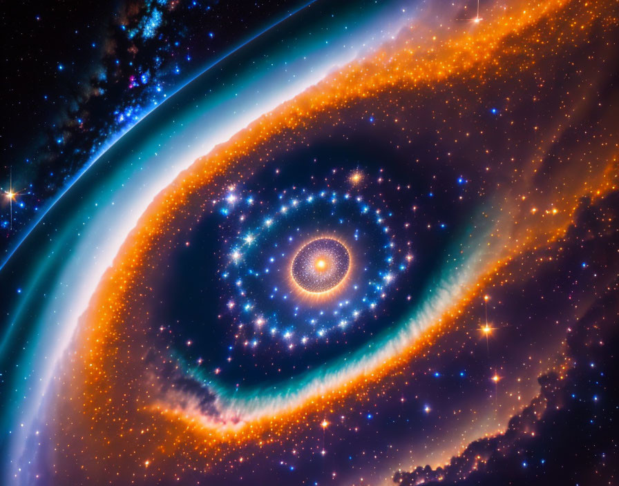 Spiral Galaxy with Blue and Orange Swirling Arms and Bright Stars