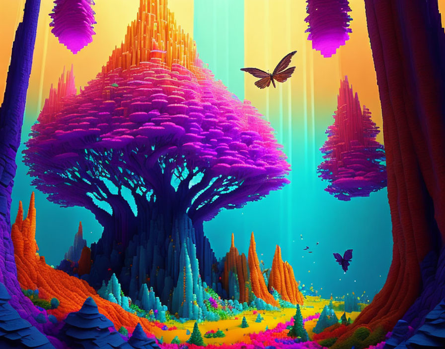 Colorful digital artwork: Purple tree, orange terrain, butterflies, multicolored sky