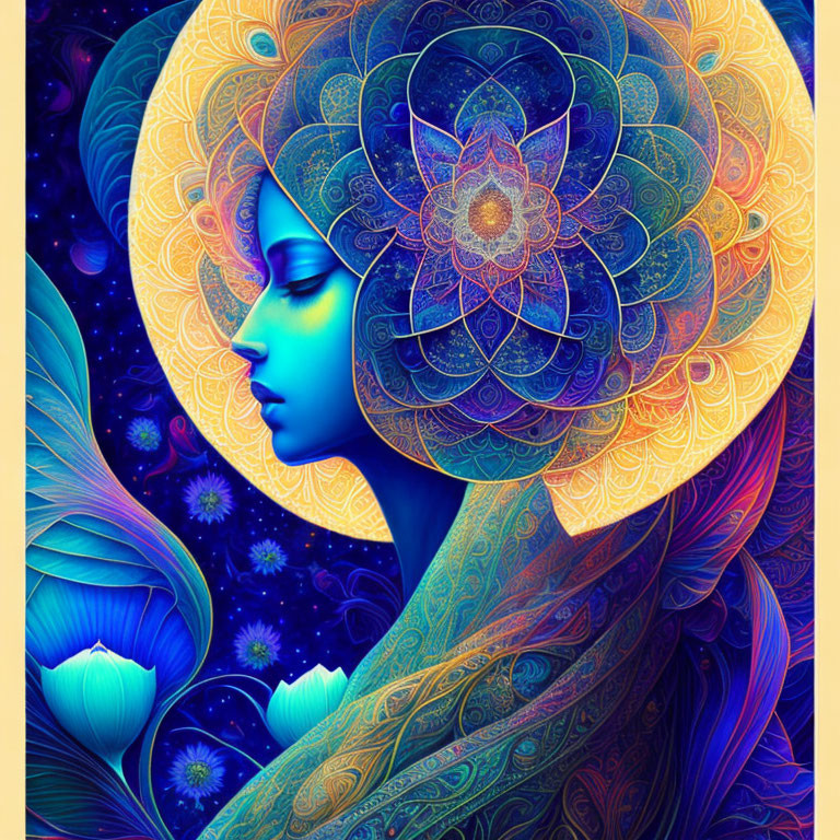 Digital artwork featuring woman with blue skin and ornate halo patterns.