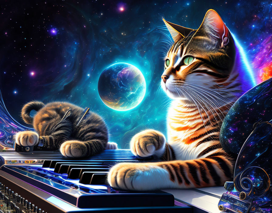 Tabby cat digital art with cosmic theme and piano keyboard in space