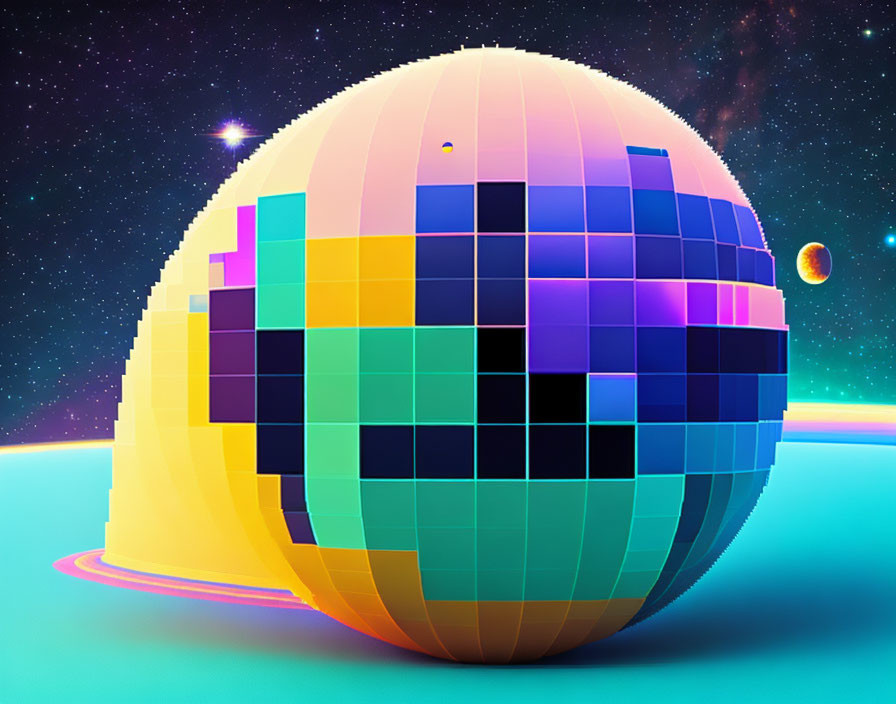 Checkered sphere with glowing aura in neon-lit space scene