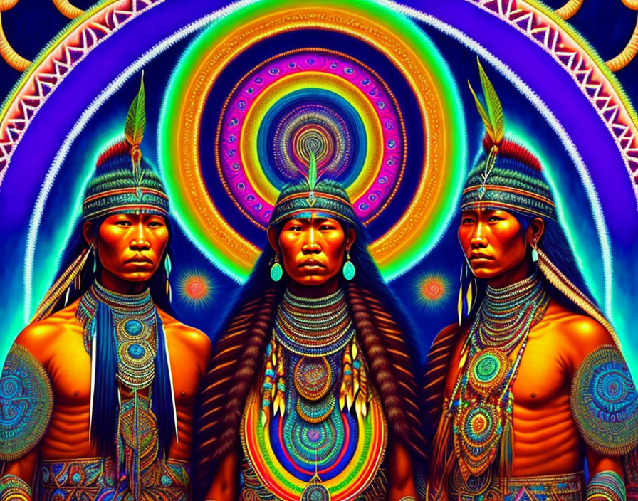 Three figures in Native American attire against vibrant, psychedelic backdrop