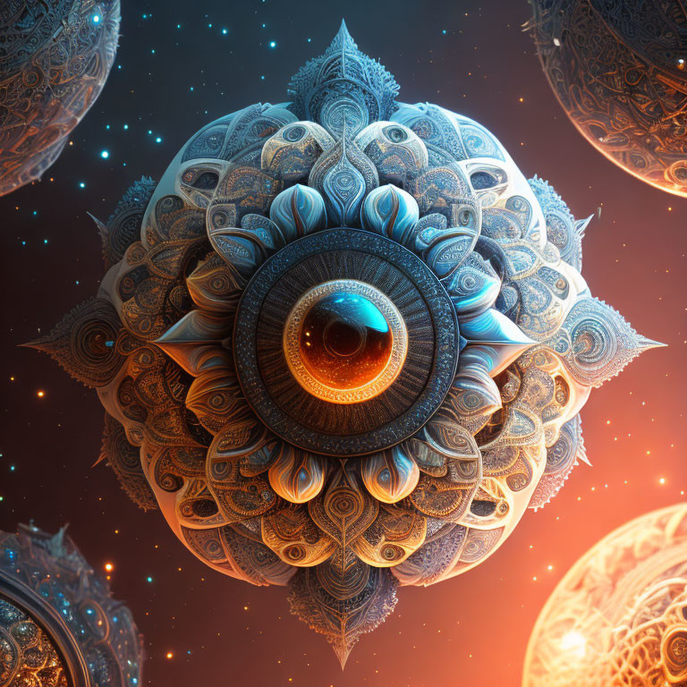 Detailed digital mandala orb with central eye against cosmic backdrop