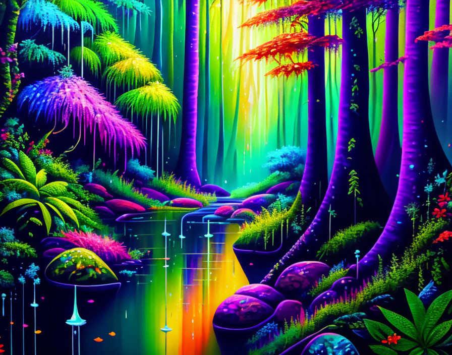 Luminous neon-lit fantasy forest with glowing trees and reflective water