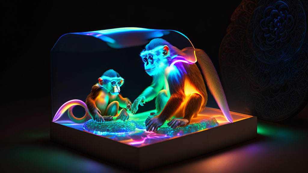 Luminescent monkeys in neon-lit dome with surreal lighting