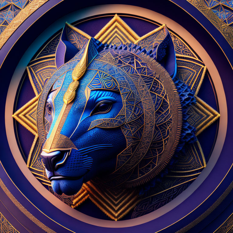 Stylized blue and gold wolf head with geometric patterns in concentric circles