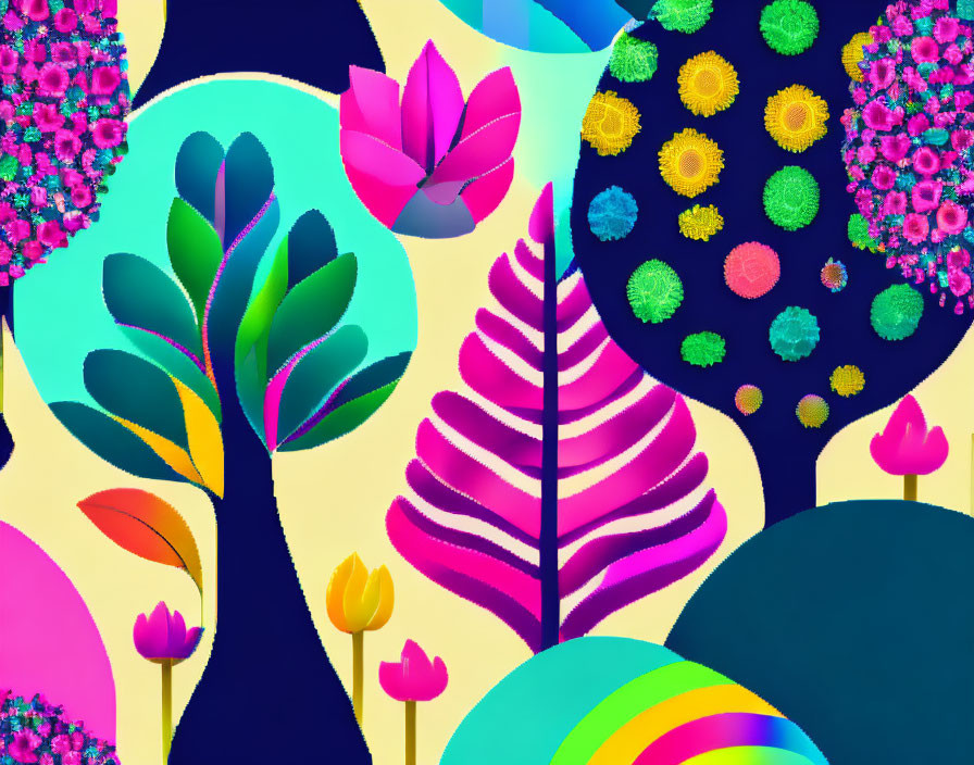 Colorful Abstract Digital Art: Stylized Trees, Flowers & Patterns