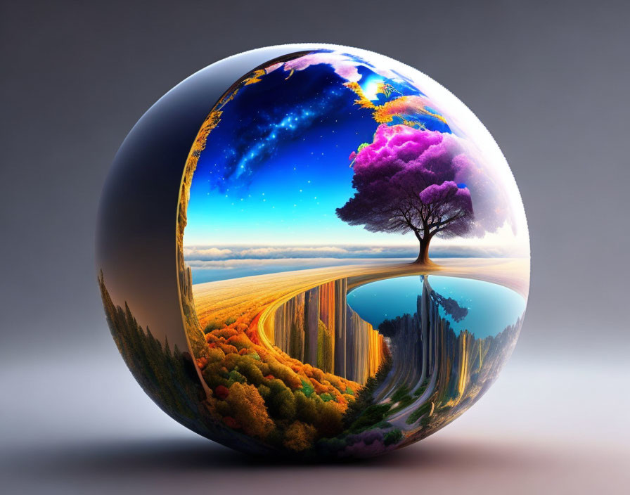 Surreal spherical world with central tree, contrasting landscapes, changing seasons, starry sky