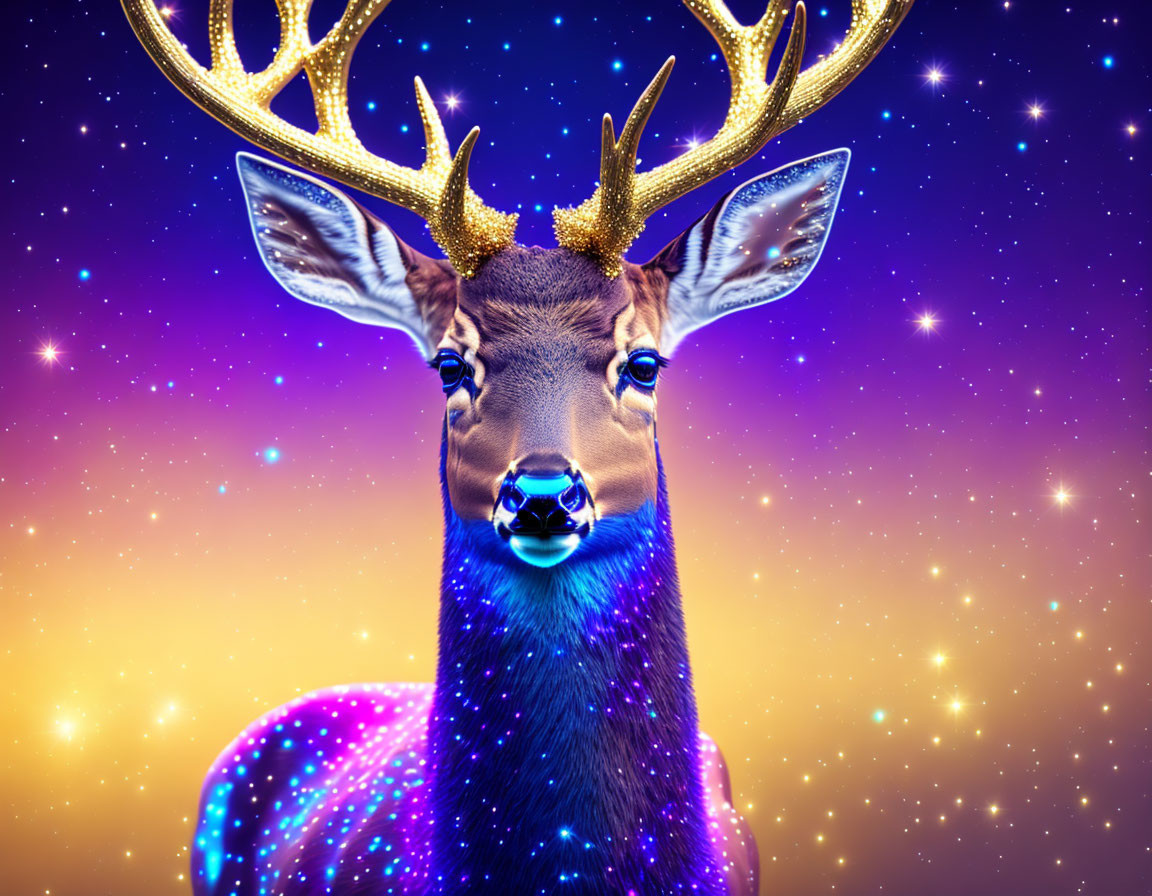 Glitter-coated deer with golden antlers in cosmic setting