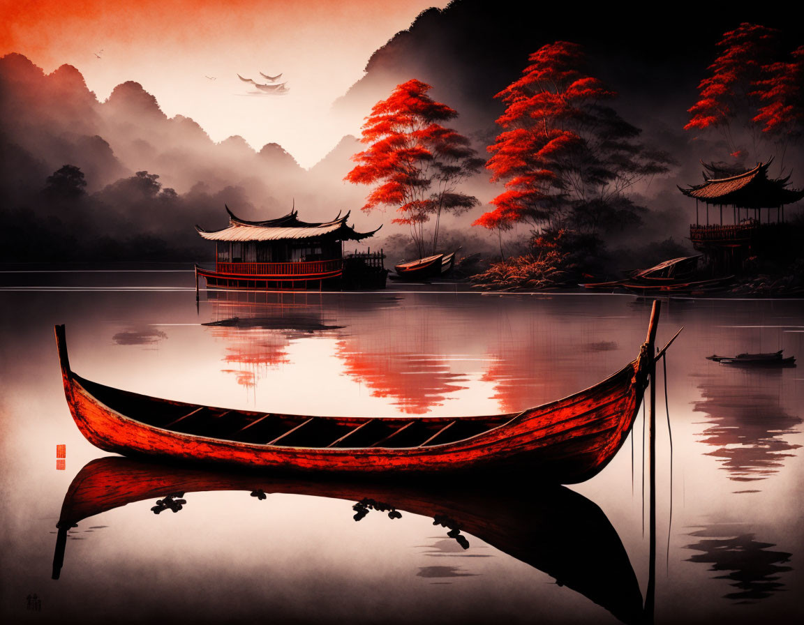 Tranquil Oriental landscape with red boat, autumn trees, and misty mountains