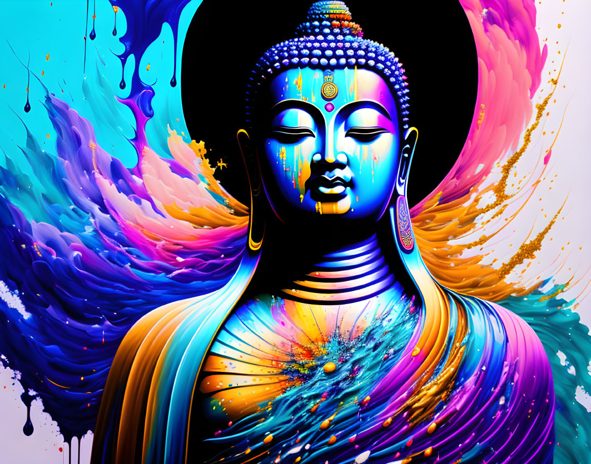 Colorful digital Buddha artwork with cosmic background and paint splashes