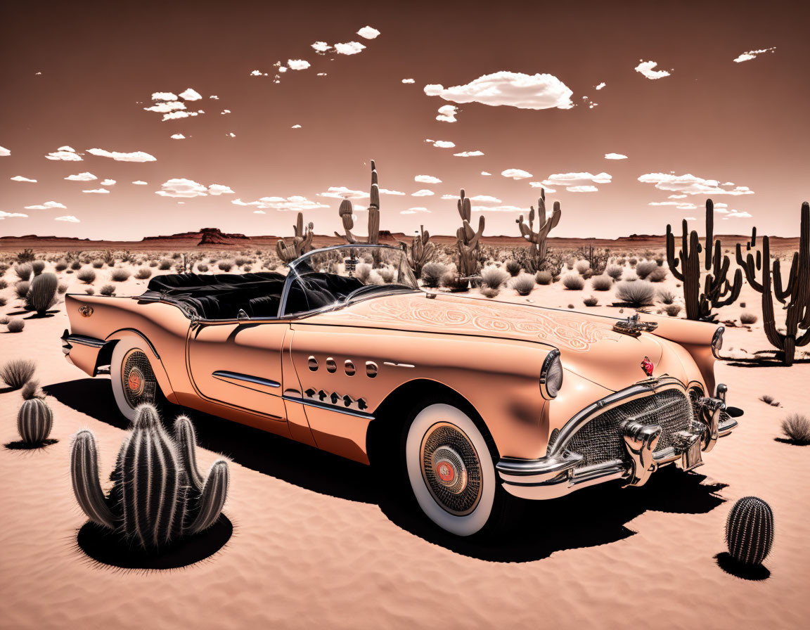 Vintage Convertible Car in Desert Landscape with Cacti