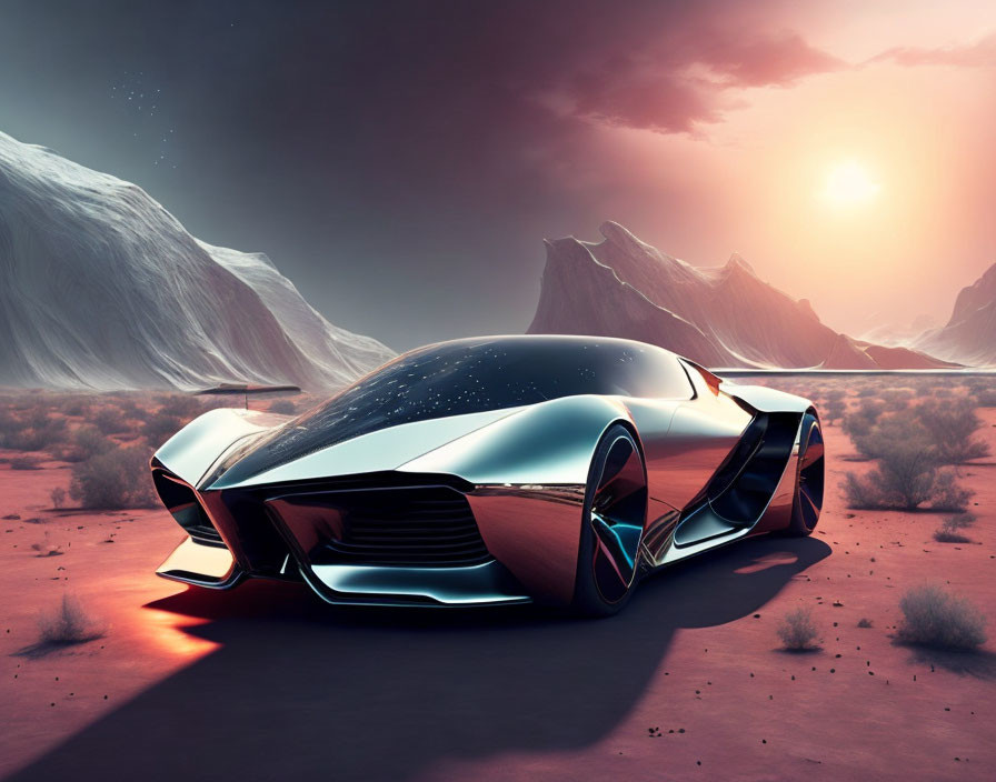 Sleek Futuristic Car in Desert Sunset Landscape