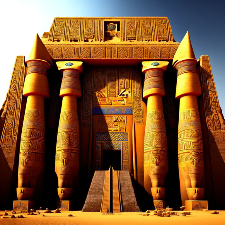 Digitally Rendered Egyptian Temple with Towering Columns and Hieroglyphs