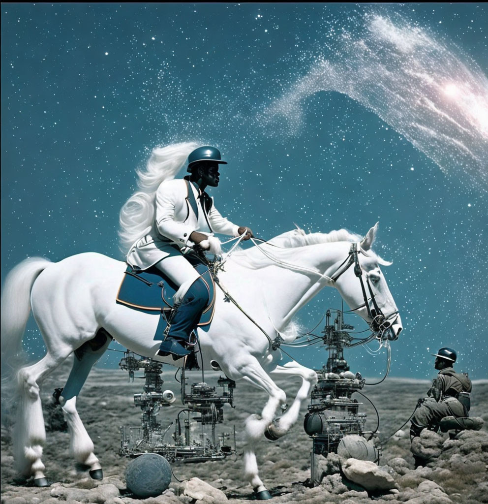 Person in spacesuit on white horse surrounded by futuristic machinery in surreal setting